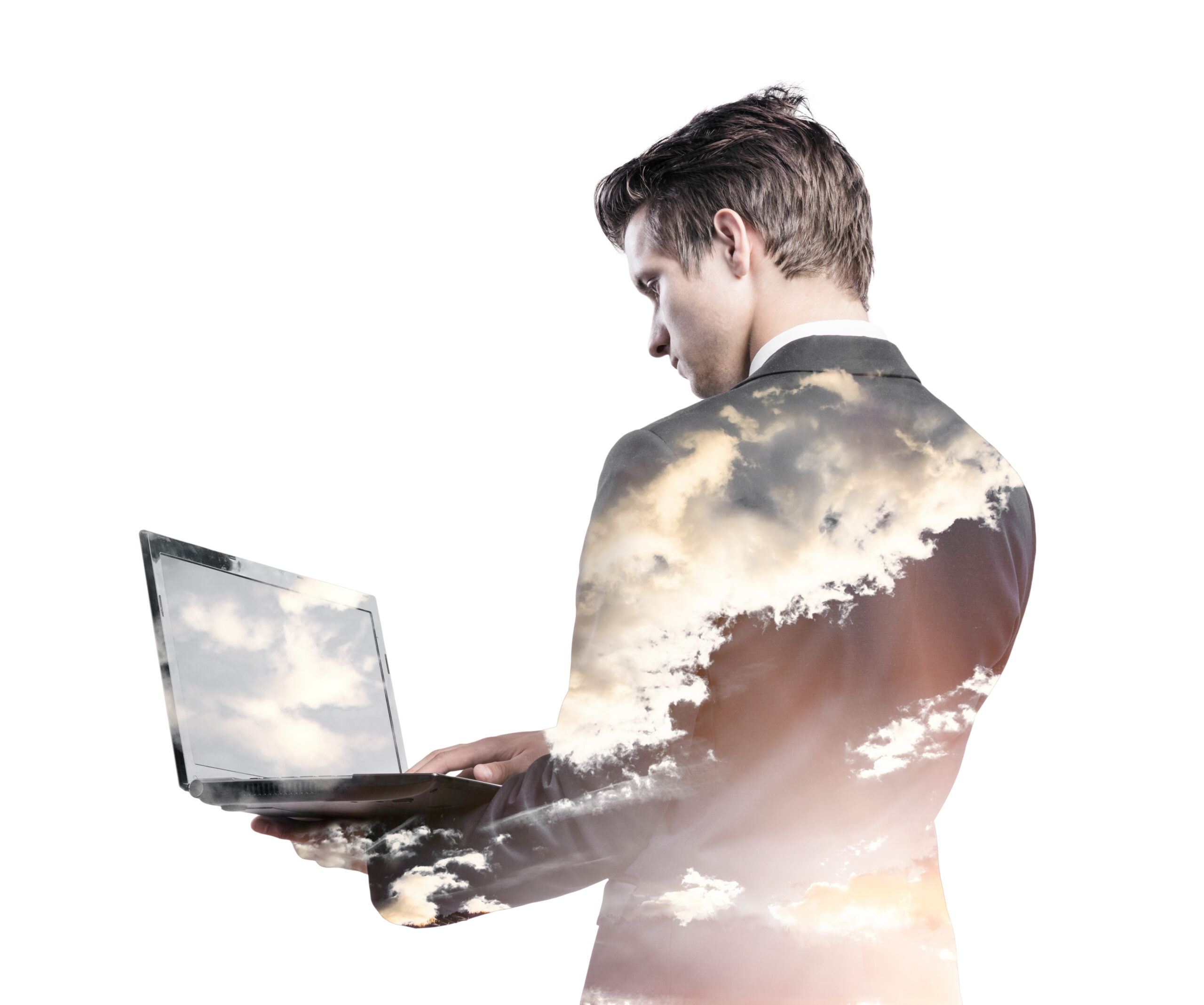 Double exposure of businessman. Double exposure of young handsome businessman. Studio shot on white background.